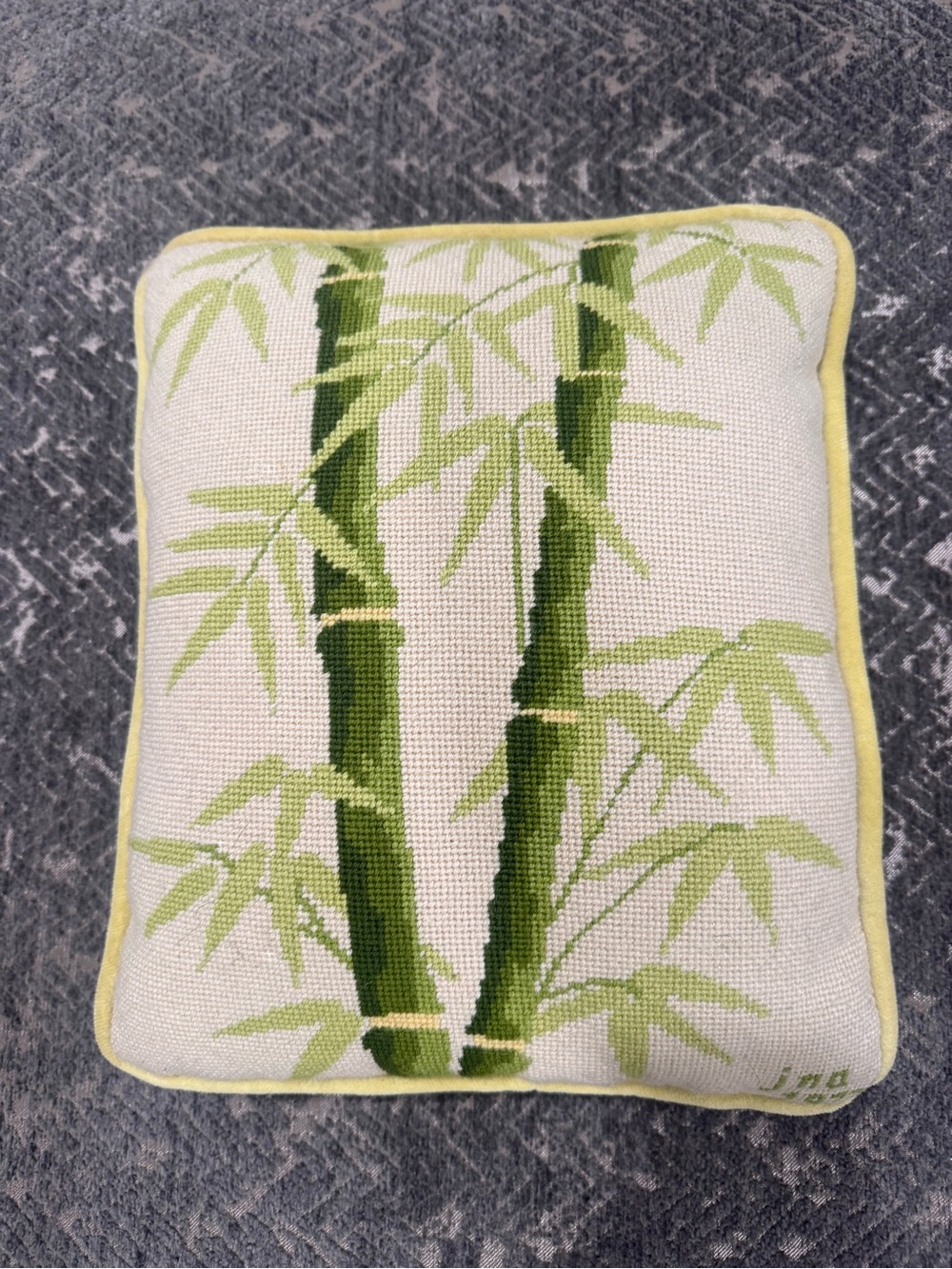 Vintage 1977 Bamboo Needlepoint Pillow Green Velvet Chinoiserie 12x15
